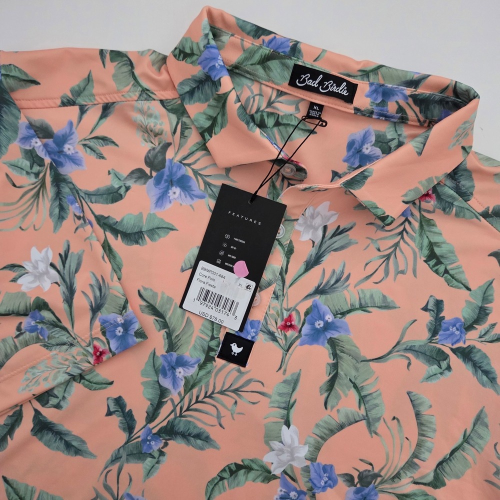 NEW Bad Birdie Mens XL Core Polo Shirt Coral Floral Fiesta Golf‎ Short Sleeve